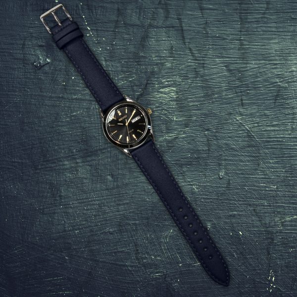marine blue SEAQUAL® watch band with stainless steel buckle on watch